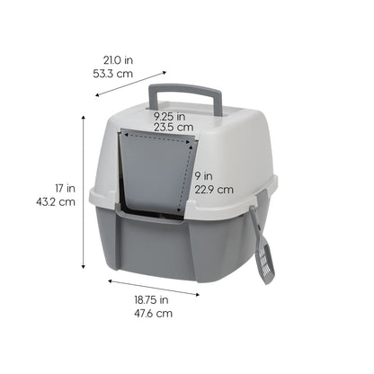 IRIS USA Cat Litter Box with Front Door Flap and Scoop, Covered Kitty Box with Handle and Buckles for Portability and Privacy, Dark Gray