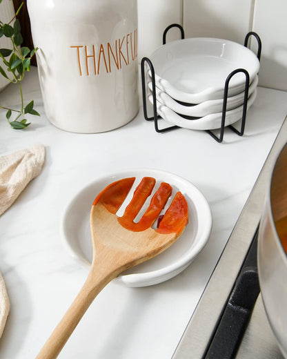 LE TAUCI Ceramic Spoon Rest with Holder, 4.8 Inches Spoon Rest for Stove Top, Utensil Rest for Kitchen Counter, Coffee Spoon Holder, Set of 4, White