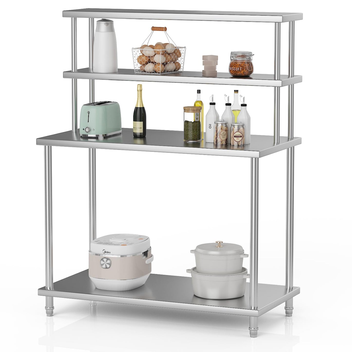 48"x24" Stainless Steel Work Table with 2-Tier Adjustable Overshelves, Commercial Prep Table for Kitchen, Restaurant, Garage, Laundry, Utility Room