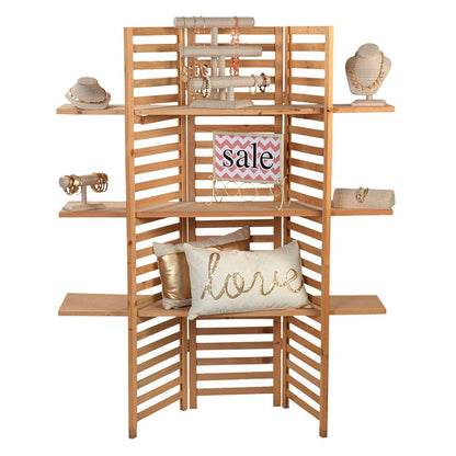 SSWBasics 3-Panel Wood Display With 3 Shelves - Unit Can Be Stained Or Painted - Great for a Wide Range of Merchandise from Housewares, Clothing and Beverages - Natural Pine
