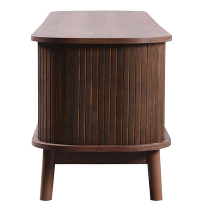 Ball & Cast TV Stand for TVs up to 75",Modern Entertainment Center with 2 Sliding Doors and 2 Rattan Drawers,TV Media Console w/Storage Cabinets and Solid Wood Legs for Living Room,Natural+Brown