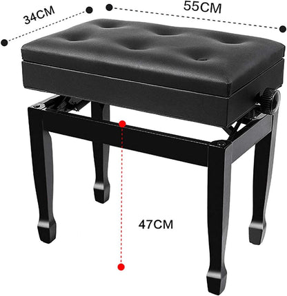 FKTHYO Piano Stool Piano Bench Dressing Table Stool Piano Stool Ergonomic Luxury Wooden Piano Bench Soft Leather Padded Seat, with Book Storage Compartment, Sturdy and Durable,Black