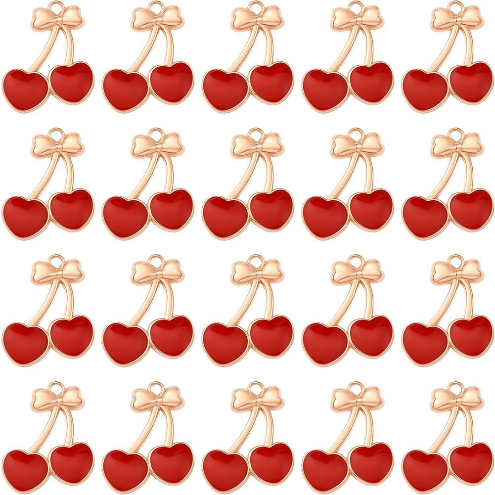 SUNNYCLUE 1 Box 30Pcs Enamel Fruits Charms Bulk Red Cherry Charm Gold Alloy Bowknot Design Mini Cute Food Cartoon Cherries Pendants for Jewelry Making Bracelets Necklace Earring DIY Crafts Accessories