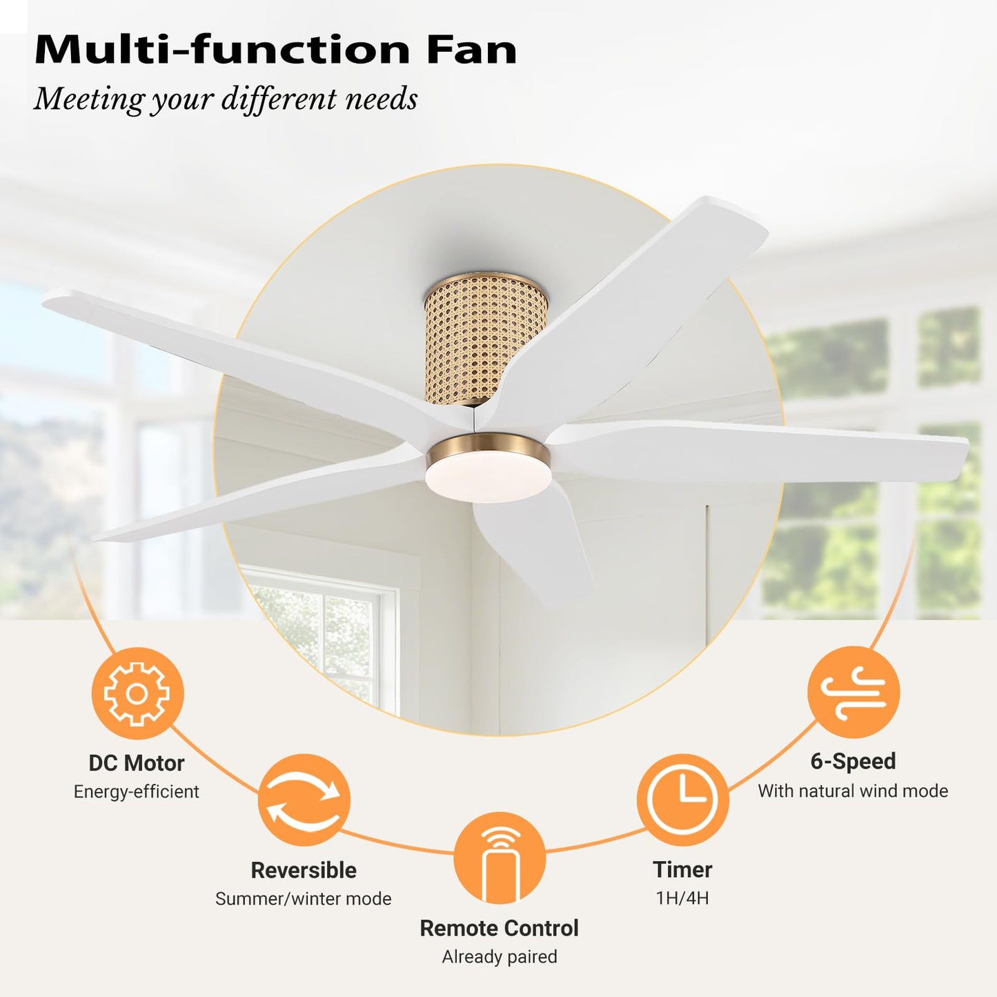 LEDLUX 54" Ceiling Fan with Light - Low Profile Flush Mount Ceiling Fan, 6-Speed Remote Control, Solid Wood, Quiet Reversible DC Motor, White/Gold Finish, for Bedroom, Living Room, Porch