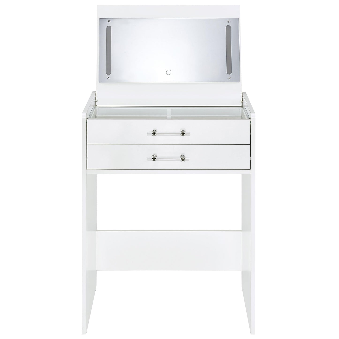 Coaster Home Furnishings Danbury Contemporary 2-Piece 2-Drawer Makeup Vanity Desk with LED Light Vanity Mirror Tempered Glass Top with Vanity Chair White High Gloss 930208