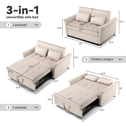COMHOMA Convertible Sofa Bed,55" Sleeper Sofa Bed,3-in-1 Pull Out Couch Bed with Reclining Backrest and Pillows,Convertible Sleeper Loveseat for Living Room(White)