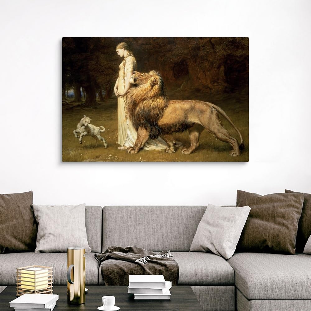 CANVAS ON DEMAND Una and the Lion, From Spenser's Faerie Queene, 1880 Canvas Wall Art Print by Briton (1840-1920) Riviere, Figurative, Home Decor, Lamb, Lion Artwork,60" x40in
