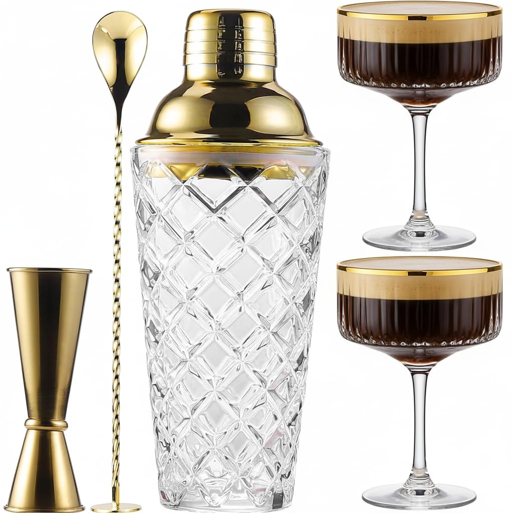 Cocktail Shaker Set with Coupe Glasses – 5-Piece Gift Set Includes Pineapple Glass Shaker with Gold Lid, Jigger, Bar Spoon & 2 Ribbed Gold-Rimmed Glasses – Bartender Kit for Home Bar
