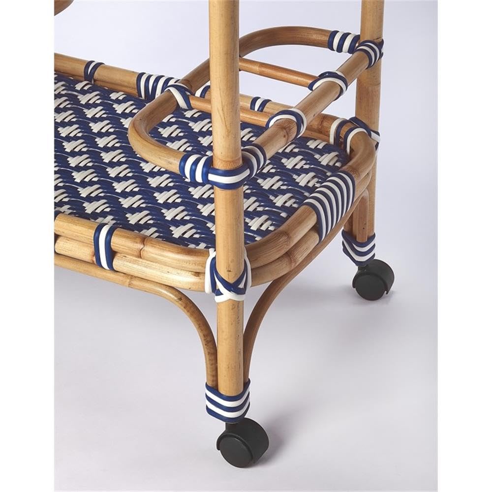 Beaumont Lane Rattan Bar Cart, Blue and White Finish, PE Plastic Weave with Casters, Removable Tray, 34.5 in Wide, Transitional Style Serving Cart for Entertaining