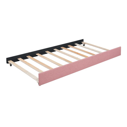 Brisca Upholstered Linen Daybed with Trundle,Twin Size Sofa Bed Frame W/Wooden Slats,for Bedroom,Apartment,Studio,Pink