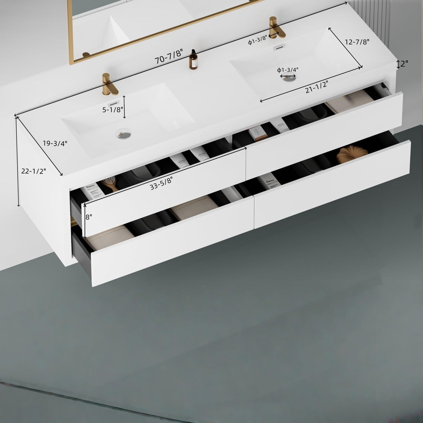 Trygoal 72" Bathroom Vanity with Sink, Floating Vanity with Resin Countertop & 4 U-Shaped Interiors, Wall-Mounted Bathroom Storage Cabinet with Soft-Close Drawers for Home, Easy to Clean, Glossy White
