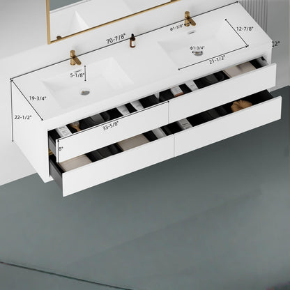 Trygoal 72" Bathroom Vanity with Sink, Floating Vanity with Resin Countertop & 4 U-Shaped Interiors, Wall-Mounted Bathroom Storage Cabinet with Soft-Close Drawers for Home, Easy to Clean, Glossy White