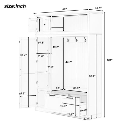 Merax 3-in-1 Hall Tree with Overhead Storage Cabinet, Adjustable Side Shelves,4 Hooks,2 Spacious Drawers,Grooved Back Panel Design, Contrasting Seat Bench,Multifunctional Entryway Organizer, White