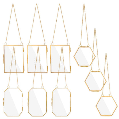 AHQiZFX 6 Pcs Pressed Flower Frames, Double Glass Hanging Picture Frame With Chain, 3 Styles Gold Brass Floating Frame for Dried Flowers, Artwork, Photos, DIY Home Wall Art, Horizontal Vertical