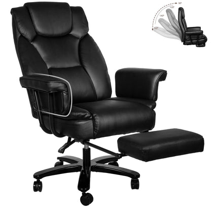 Sucrever Reclining Office Chair with Footrest, Big and Tall Home Office Desk Chairs 400lbs with High Back, Criss Cross Wide Seat, Heavy Duty Base, Pu Leather, Black