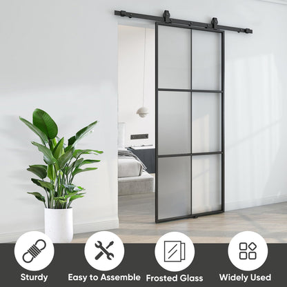 BARNSMITH 36in x 96in Glass Barn Door with 6FT Hardware Included, Aluminum Alloy Frame Frosted Tempered Glass, 6-Lite Lightweight Sliding Barn Door, Easy Assembly