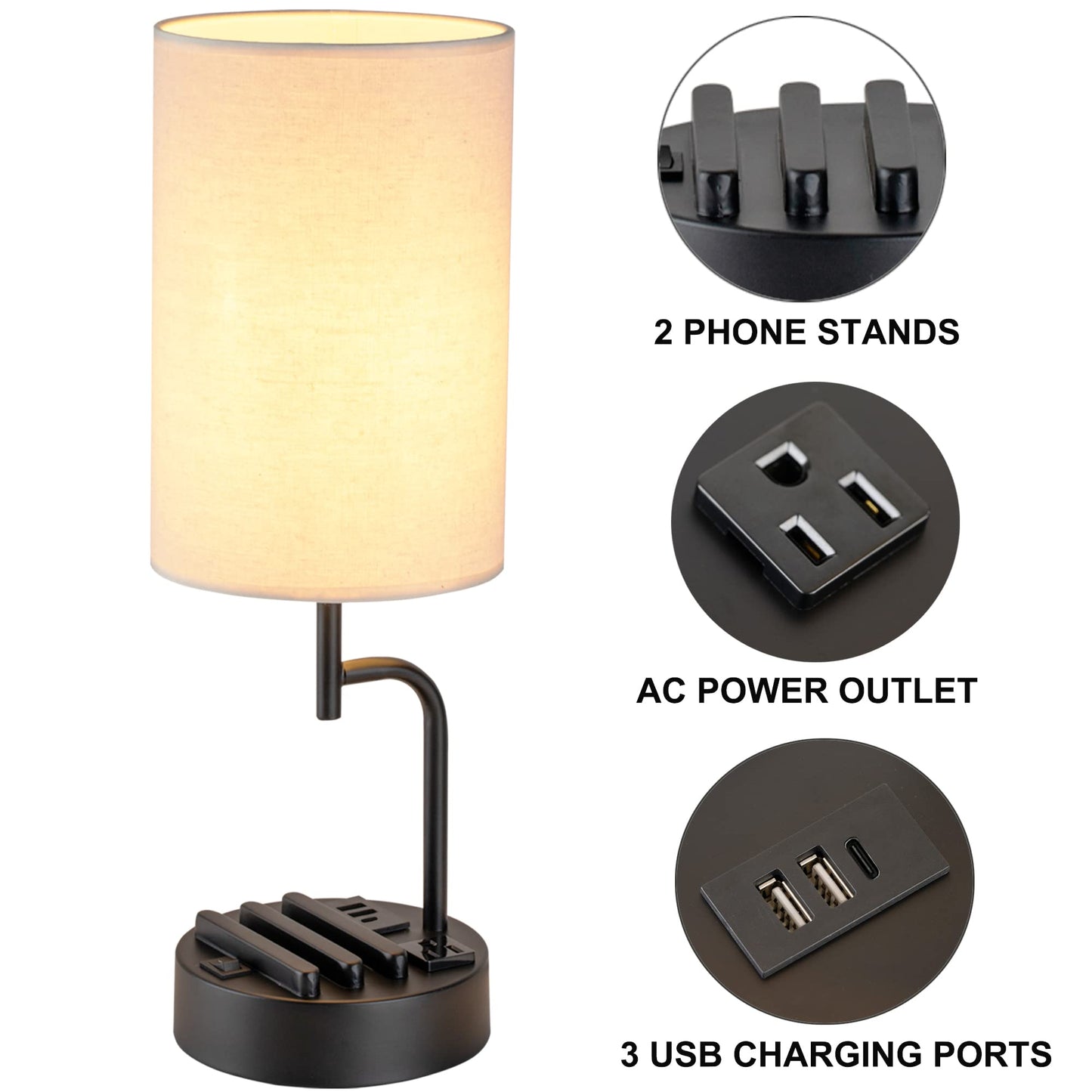 Dreamholder Table Lamp with 3 USB Charging Ports, Modern Desk Lamp with AC Outlet and Phone Stands, Perfect Bedside Lamp for Bedroom, Living Room, Office (Pack of 2), Cream