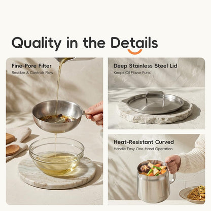 PUCOHOUSE 2L/68oz 304 Stainless Steel Deep Fryer Pot with Basket, Strainer & Lid, Large Capacity Oil Filter Container & Bacon Grease Saver, Dishwasher Safe for Kitchen, Frying, Camping