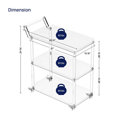 HMYHUM Acrylic Bar Cart with 4 Lockable Wheels, 30.5" L x 15.2" W x 34.5" H, Rolling Serving Cart for the Home Bar, Kitchen, Living Room, with Pulling Handle, Modern, 3-Tier, Clear