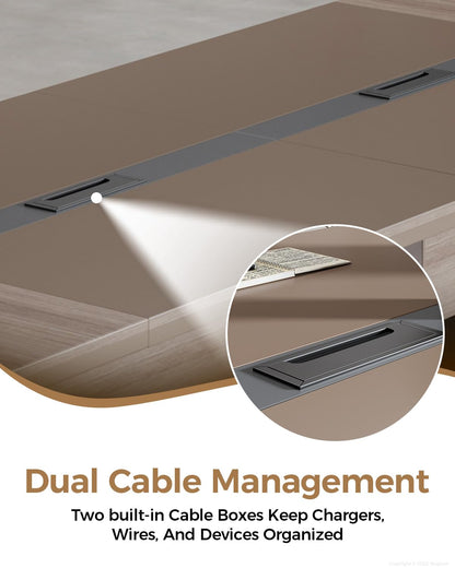 Nuipesn 12-ft Rectangular Conference Table, 142" × 51" Extra Wide Boardroom Table for 12-14 People, Dual Cable Grommets, 1.6" Thick Top, Light Oak & Gray