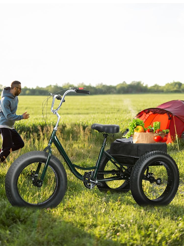 20 Inch Fat Tire Adult Tricycle, 7-Speed Heavy-Duty, 450lb Capacity,Large Cargo Basket, Dual Disc Brakes, Comfort Seat for Seniors,3 Wheel Bike with Spacious Shopping Basket Black 172cm/67.72", W: 85