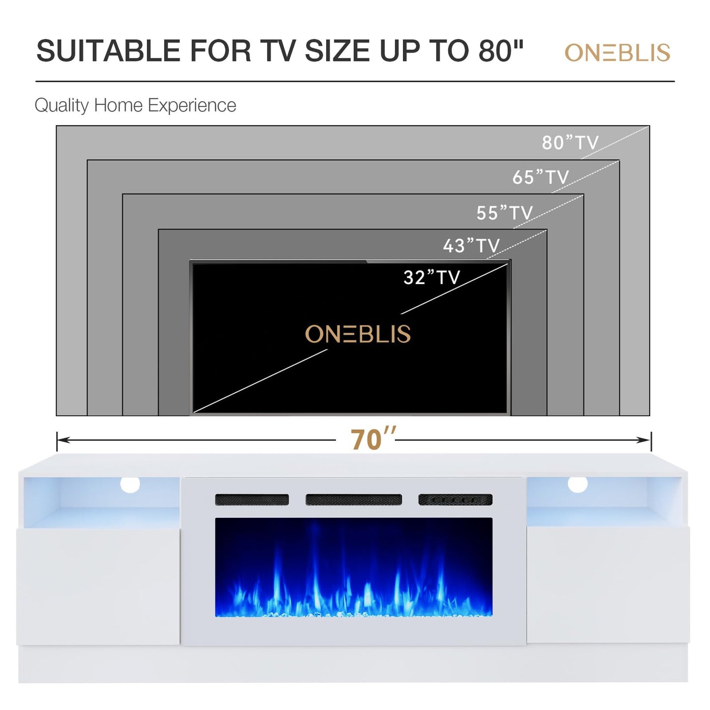 OneBlis 70" Fireplace TV Stand, LED Light Entertainment Center for TVs Up to 80", High-Gloss Door, Modern TV Console for Living Room with Storage Cabinet, White+White