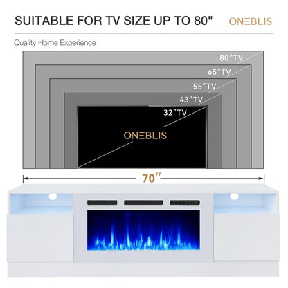 OneBlis 70" Fireplace TV Stand, LED Light Entertainment Center for TVs Up to 80", High-Gloss Door, Modern TV Console for Living Room with Storage Cabinet, White+White