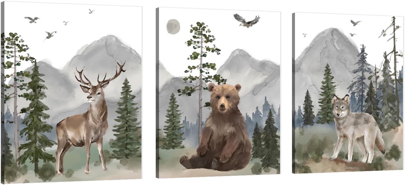 16"x24" Set 3, Woodland Animal Nursery Wall Art: Forest Wildlife Prints Canvas Posters of Wolf Bear Elk Pictures