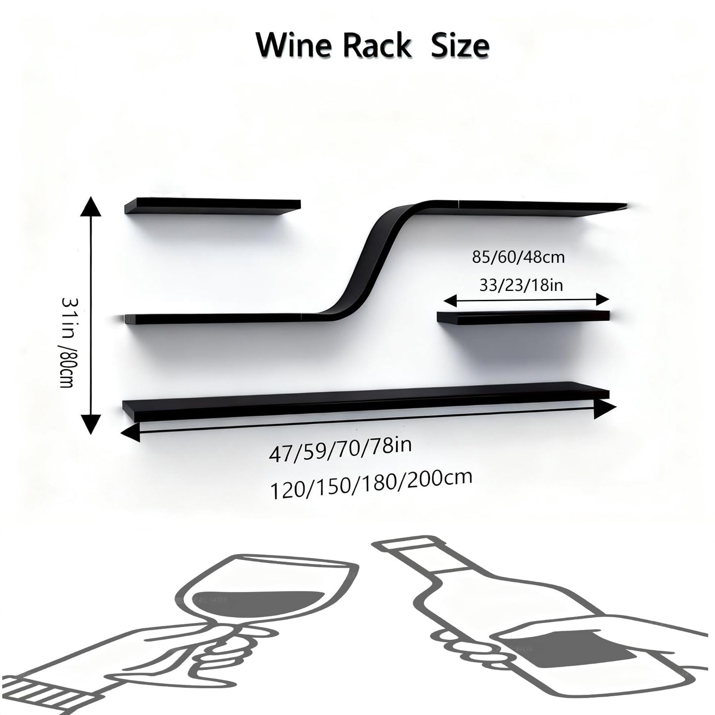 59IN Modern Wall Mounted Wine Rack with Blue LED Light, 3-tiers Metal Curved Bar liquor Bottles Display Shelf, Large Floating Bar Shelves Storage for Home bars, kitchens Coffee Shop (Black, 59in)