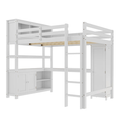 Bellemave Solid Wood Queen Size Loft Bed with Desk and Wardrobe,Loft Bed Frame with Storage Shelves and Bookcase for Kids,Teens,Adults,Queen Size,Space Saving,White