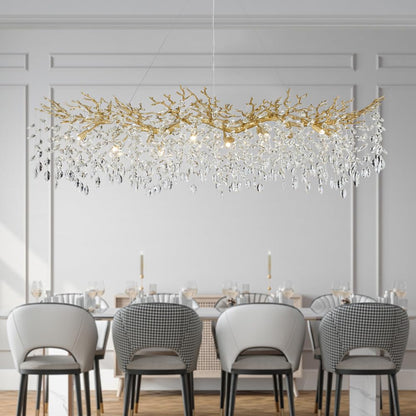 TMAFON Modern Gold Crystal Chandeliers Chandeliers - L63 inch Rectangular Golden Tree Branches Ceiling Pendant Light Fixtures, Luxury K9 Raindrop for Dining Room