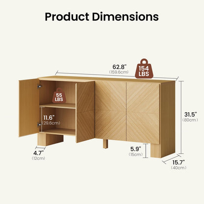 ModernMate 63" Sideboard Buffet Cabinet with Storage, Wood Storage Cabinet with 4 Doors, Large Credenza Sideboard with Adjustable Shelve, Buffet Table for Kitchen, Dining Room, Hallway, Natural Oak