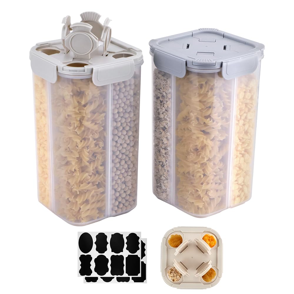 2 Packs Pasta Cereal Storage Containers, 2.5L Airtight Grain Dispenser with Lids, Spaghetti Container Storage with 4 Compartments for Noodle, Rice, Nuts, Flour, Beans