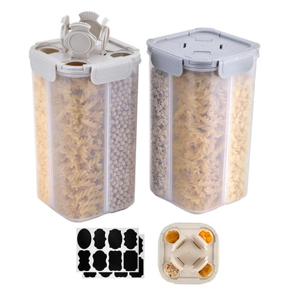 2 Packs Pasta Cereal Storage Containers, 2.5L Airtight Grain Dispenser with Lids, Spaghetti Container Storage with 4 Compartments for Noodle, Rice, Nuts, Flour, Beans