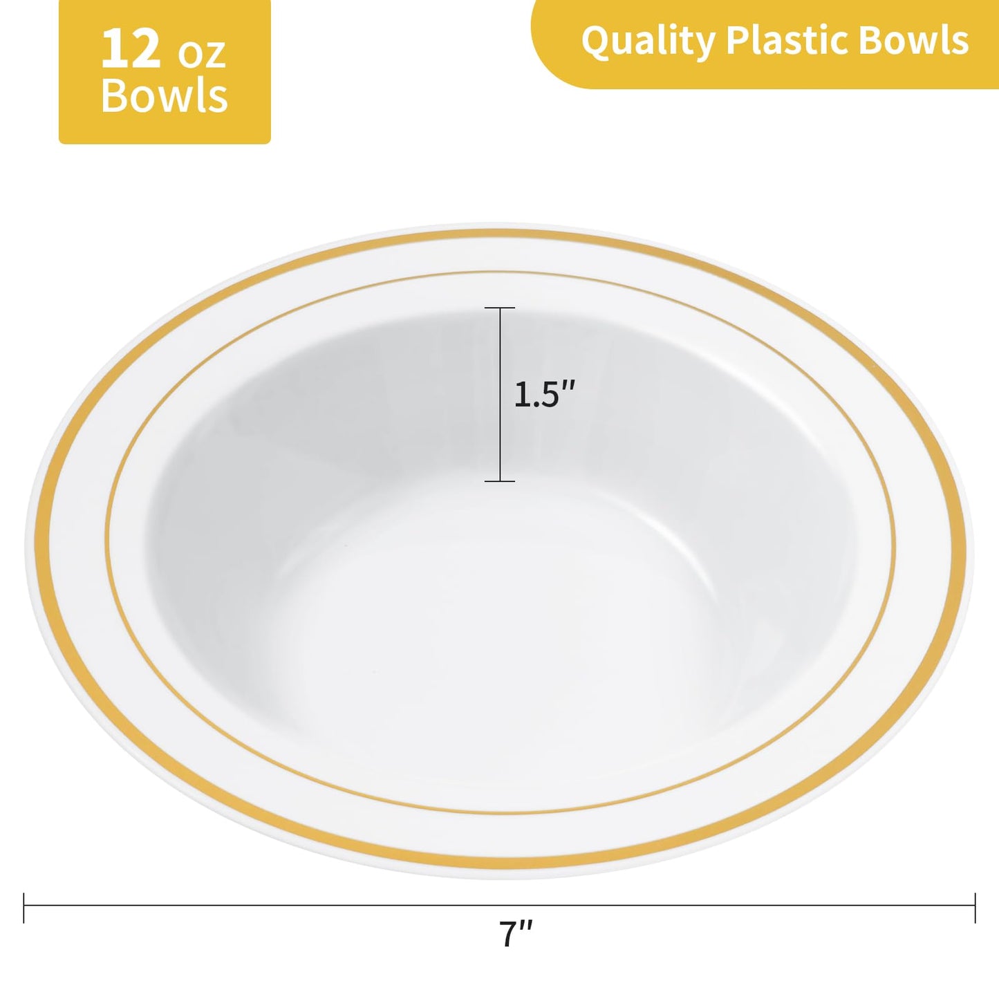 Goodluck 100 Pack Plastic Bowls with Gold Rim, 12oz Disposable Soup Bowls, Heavy Duty Dessert Bowls for Weddings, Parties, Dinners, Catering, Thanksgiving and Everyday Use