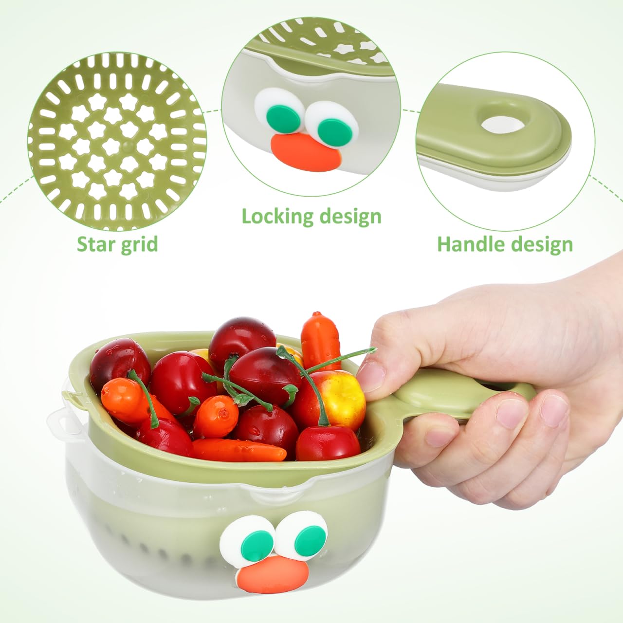 PRETYZOOM 3-Pack Fruit Washing Bowls with Drain Basket and Handle Stackable Kitchen Colanders for Efficient Fruit and Vegetable Washing and Draining 7.87X4.72X2.75 Inch