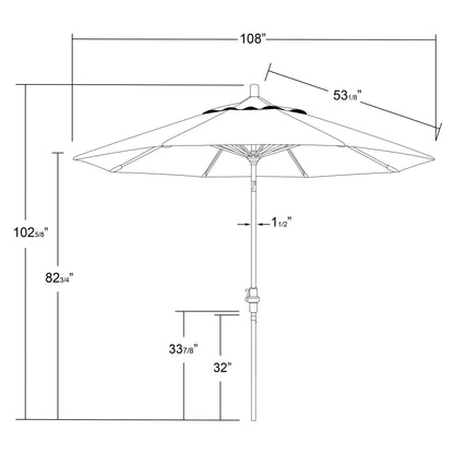 California Umbrella 9' Round Aluminum Market Umbrella, Crank Lift, Collar Tilt, White Pole, Royal Blue Olefin
