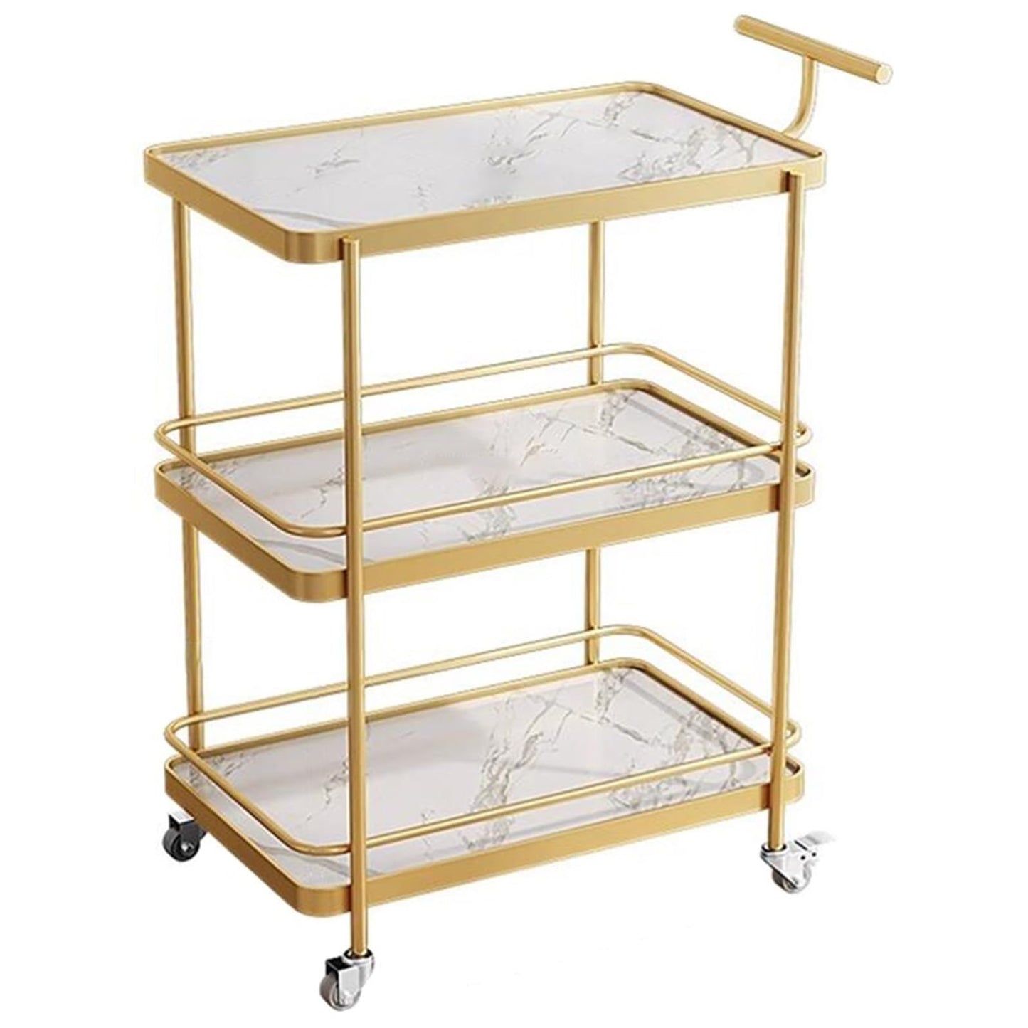 FGQuelleBM 3-Tier Serving Cart with 2 Style Options (Wood & Marble Finish), Features Thoughtful Handles & Brake Wheels for Home & Office(White Gold)