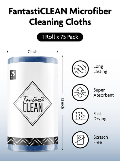 Fantasticlean Microfiber Cleaning Cloth Roll -75 Pack, Tear Away Microfiber Towels, 12" x 12", Reusable, Washable, Scratch Free, Ultra Absorbent for All-Around Cleaning Supplies (Navy Blue)