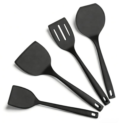 KoudHug Silicone Spatula Turner Set, 600°F High Heat Resistant Spatulas for Cooking, BPA Free, Large Flexible Kitchen Utensils Flipping Eggs, Pancakes, Fish, Burgers, Dishwasher Safe (4 Pack, Black)