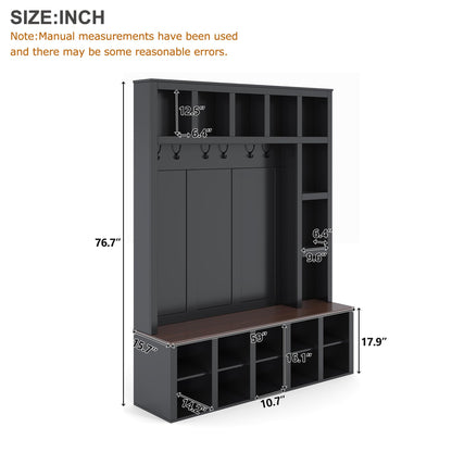 Merax Hall Tree with Bench and Shoe Storage, Farmhouse Wooden Coat Rack with 6 Hooks, Built-in 18 Open Compartments, for Entryway, Living Room, Black