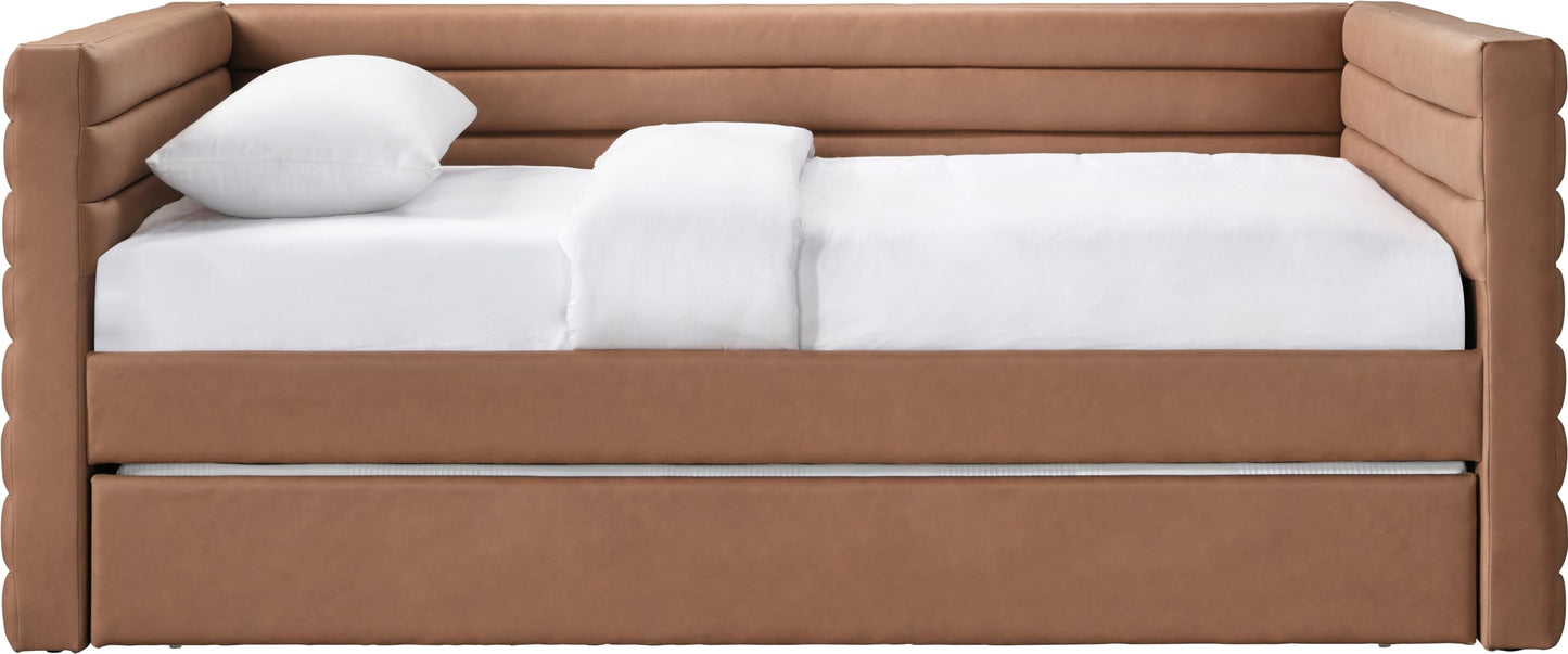 Meridian Furniture BeverlyCognac-T Beverly Collection Modern | Contemporary Twin Daybed with Soft Cognac Premium Vegan Leather, Deep Channel Tufting, Twin Trundle, 87" W x 43.5" D x 34" H, Cognac
