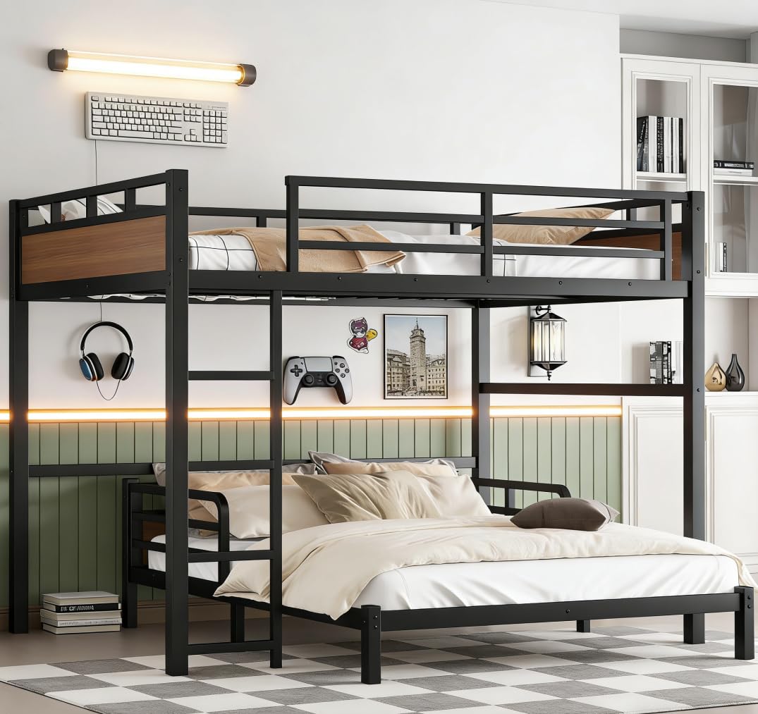 Bellemave Detachable Bunk Bed Queen Over Queen, Metal Bunk Bed with Guardrails, Queen Size Loft beds for Kids, Teens & Adults（Walnut Color）