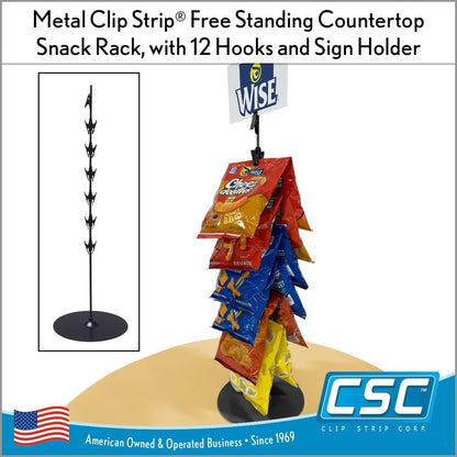 Chip Rack Display Stand, Chip Bag Holder for Stores, Party, Display, Concession Stand, 23.75" H, Black, 12 Clips, Countertop Snack Hanger, Snack Retail Display Rack