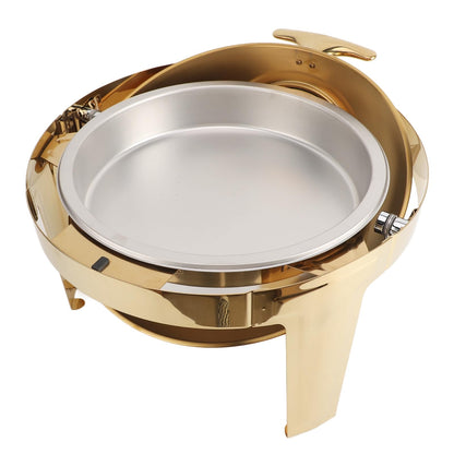 Chafing Dish Buffet Set Premium Stainless Steel Round Catering Food Warmer with Transparent Lid Alcohol Heated for Party Event Restaurant Banquet Gold 6L 47cm (1 Full Size Pan)
