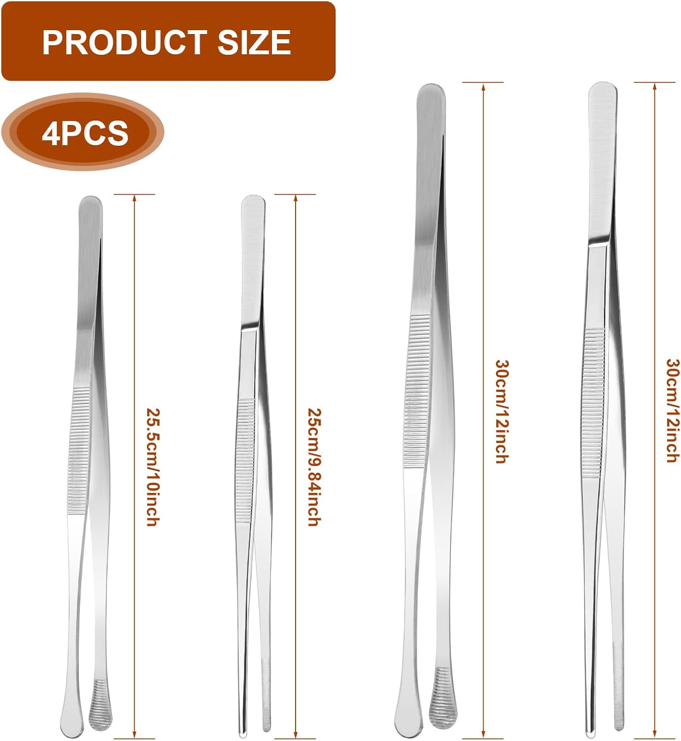 AHIER 4 Pcs Kitchen Fine Tweezer Tongs, 12” and 10” Stainless Steel Food Tweezers Set for Cooking