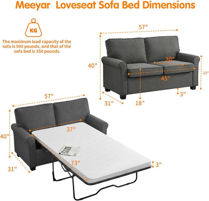 Meeyar 57 inches Loveseat Sleeper Sofa, 2-in-1 Pull-Out Couch Bed with High-Density Sponge Mattress for Small Apartment, Living Room, Guest Room,Grey