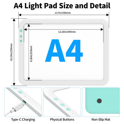 TOHETO A4 Rechargeable Led Super Bright Light Pad with Carry Bag for Weeding Vinyl Tool, Portable Wireless 3500mAh Battery Light Board/Box for Tracing, Diamond Painting, Sketching & Drawing