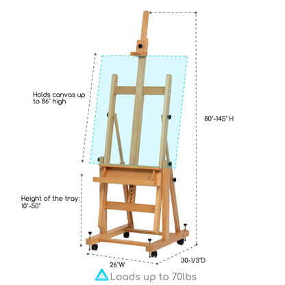 MEEDEN Enlarged Heavy-Duty H-Frame Easel: Artist Solid Beech Wooden Studio Easel - Professional Painting Art Easel Stand with 4 Lockable Wheels & Leveling Bolts - Hold Canvas up to 86" H