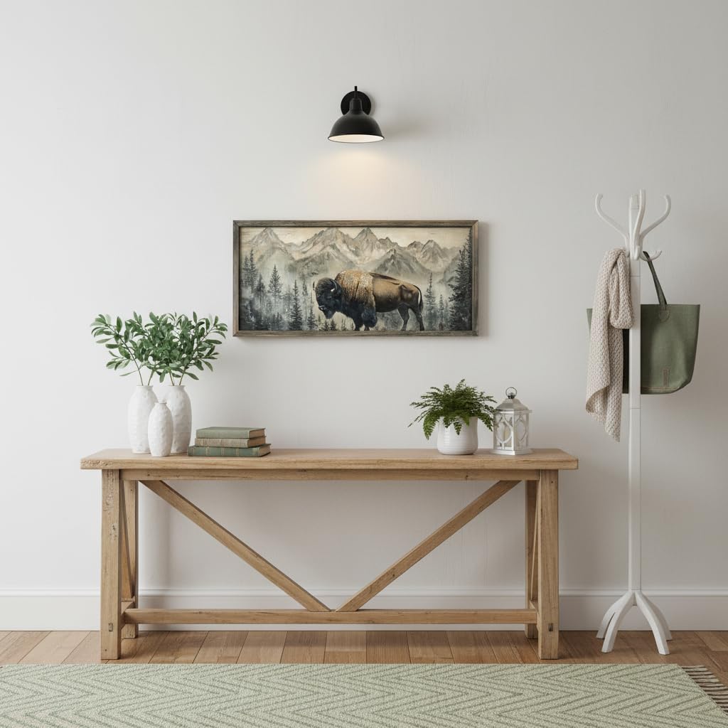 Wildlife Wall Art Framed Decor: Wild Animal Wood Print Decoration Buffalo Bison Picture Rustic Nature Woodland Painting Artwork for Cabin Bathroom Living Room 24 x 12 Inch
